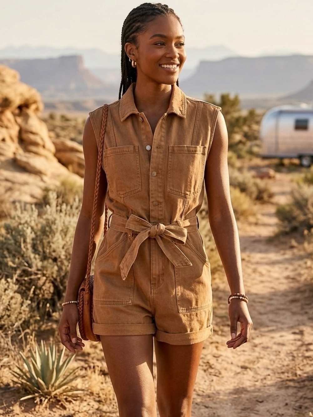 AVEC LES FILLES Brown Sleeveless Twill Utility Romper Size 29